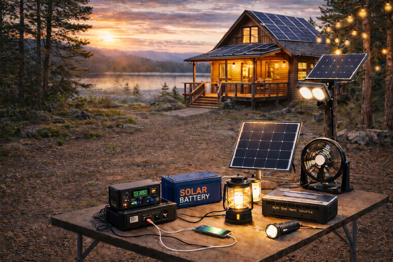 Off-grid solar products displayed on a table near a cabin